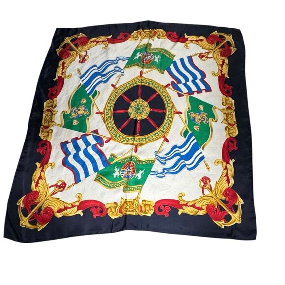 Echo Silk Nautical Scarf Anchor Ship Wheel Flags Compass Rich Jewel Tones Navy - Picture 1 of 10